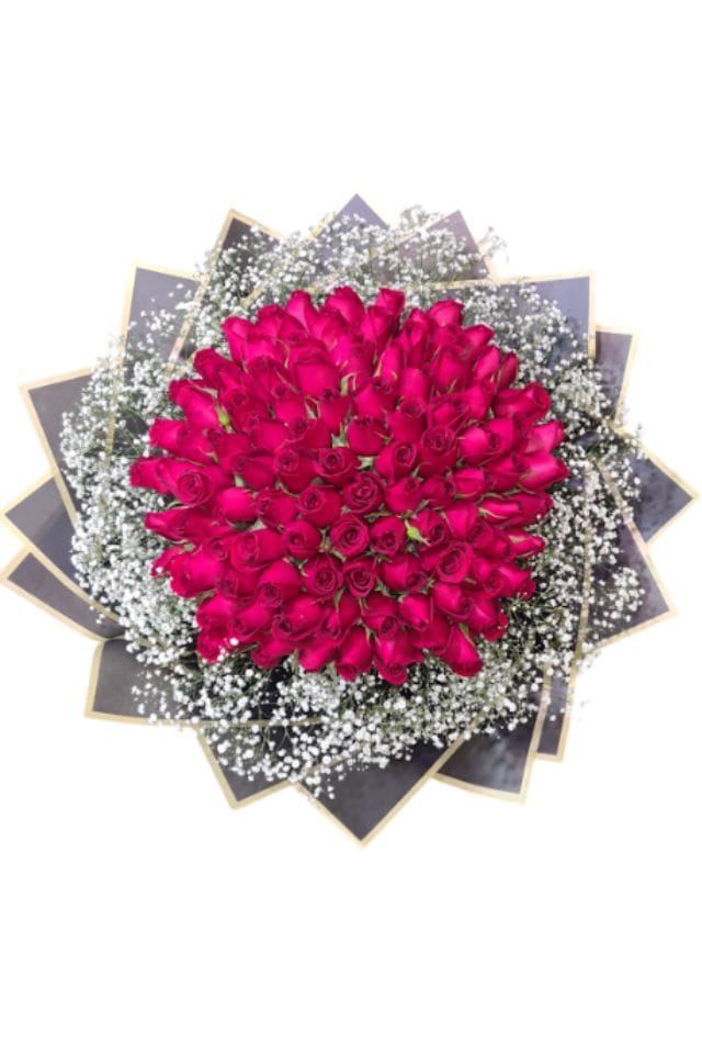 BOUQUET DE 100 ROSAS ROJAS DE INVERNADERO CON GIPSOSHILA Y PAPEL NEGRO DECORATIVO