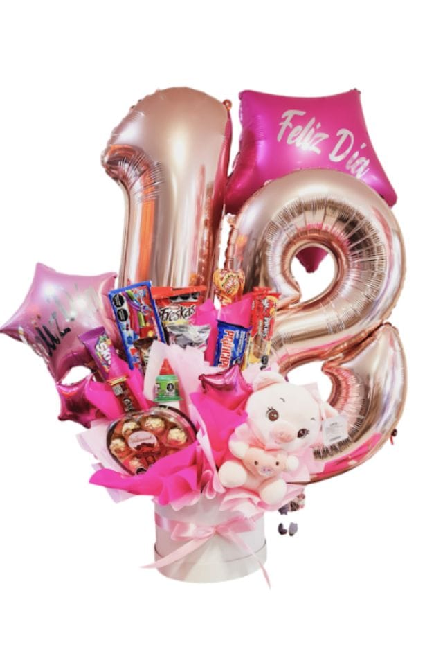BELLISIMO ARREGLO DE DULCES VARIADOS CON PELUCHE Y GLOBOS DECORATIVOS (PELUCHE Y GLOBOS DEACUERDO A EXISTENCIA)