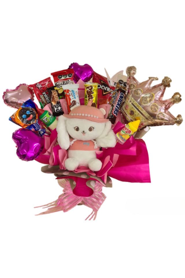 BELLISIMO ARREGLO DE DULCES VARIADOS CON PELUCHE Y GLOBOS DECORATIVOS (PELUCHE Y GLOBOS DEACUERDO A EXISTENCIA)