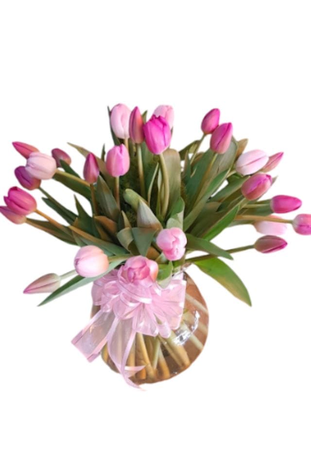 30 TULIPANES EN TONOS ROSADOS EN JARRON DE VIDRIO