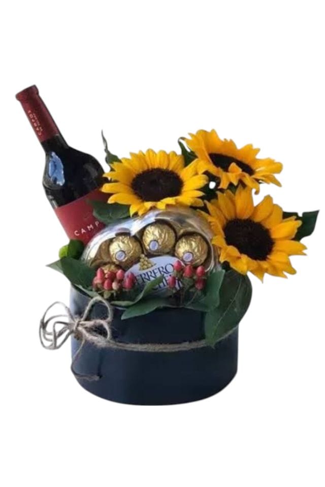 CAJA DE GIRASOLES ,CHOCOLATES FERRERO ROCHER Y VINO TINTO