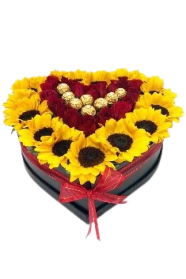 BONITA CAJA EN FORMA DE CORAZON CON 15 MINI GIRASOLES, 24 ROSAS RIOJAS DE INVERNADERO Y 8 CHOCOLATES FERRERO ROCHER