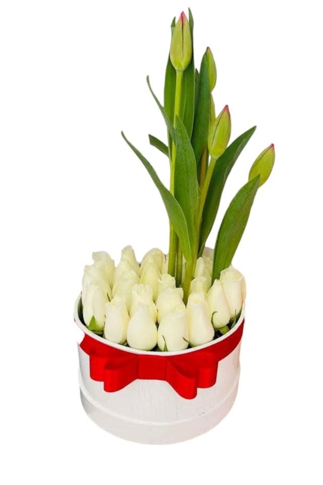 CAJA DE MADERA CON ROSAS BLANCAS Y TULIPANES HOLANDESES