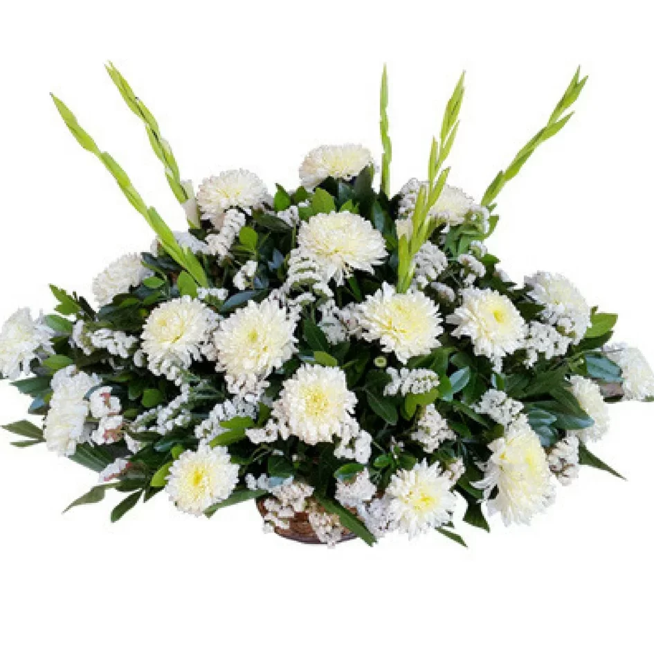 Arreglo fúnebre de crisantemos y gladiolas